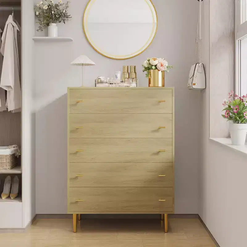 COZONY 44 Farmhouse Dresser with 5 Drawers, Natural Wood Rustic Chest & Bar Handles for Bedroom & Living Room
