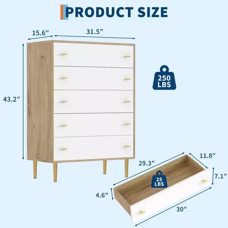 COZONY 44 Farmhouse Dresser with 5 Drawers, Natural Wood Rustic Chest & Bar Handles for Bedroom & Living Room