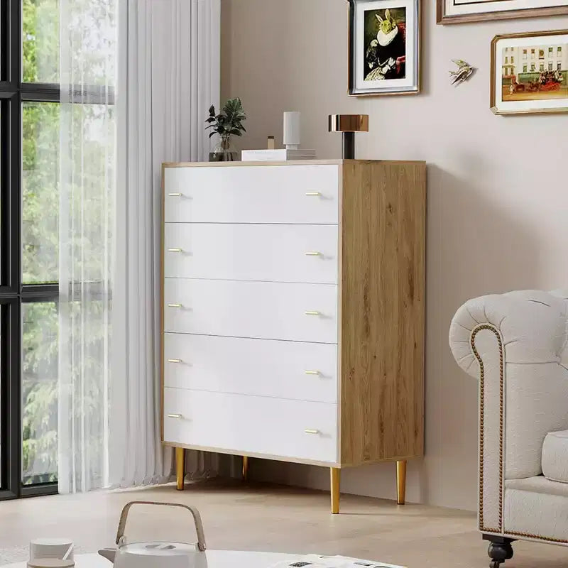 COZONY 44 Farmhouse Dresser with 5 Drawers, Natural Wood Rustic Chest & Bar Handles for Bedroom & Living Room