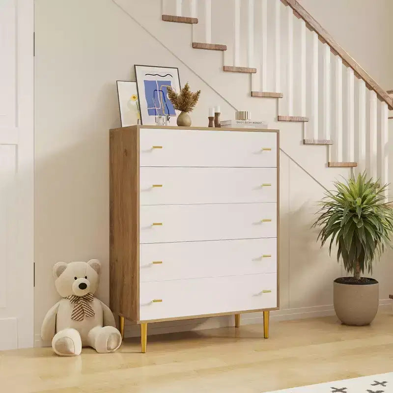 COZONY 44 Farmhouse Dresser with 5 Drawers, Natural Wood Rustic Chest & Bar Handles for Bedroom & Living Room
