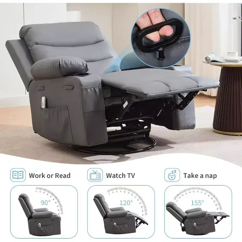 PU Leather Rocker Recliner Chair with Massage and Heat, Swivel Reclining Sofa with Cup Holder, Rocking Chair for Living Room, Bedroom