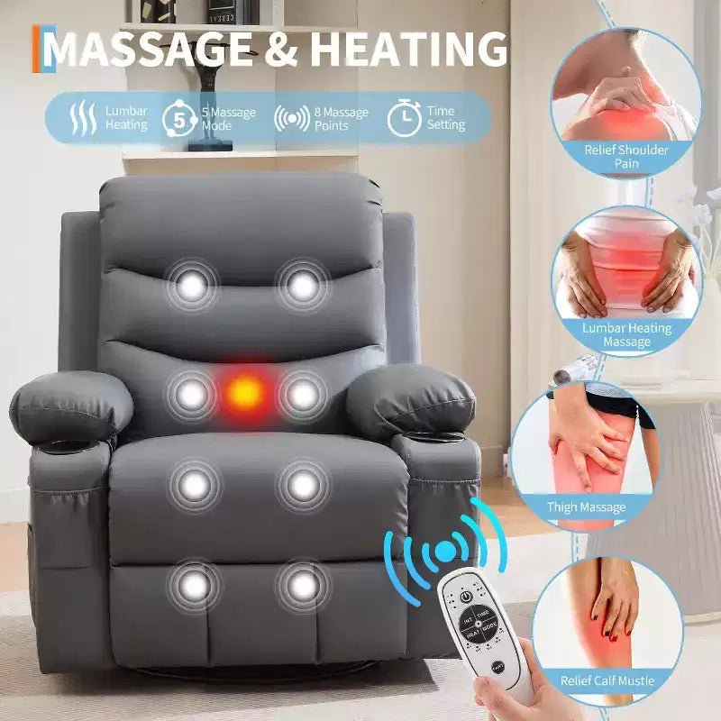 PU Leather Rocker Recliner Chair with Massage and Heat, Swivel Reclining Sofa with Cup Holder, Rocking Chair for Living Room, Bedroom