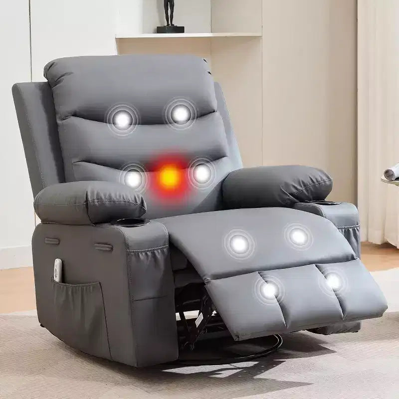 PU Leather Rocker Recliner Chair with Massage and Heat, Swivel Reclining Sofa with Cup Holder, Rocking Chair for Living Room, Bedroom