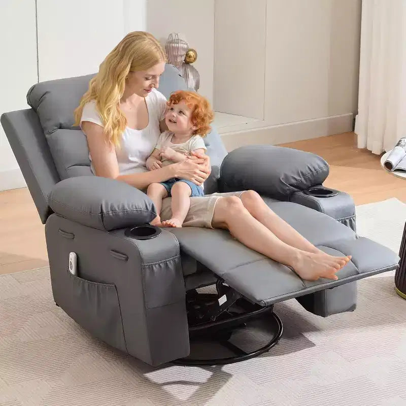 PU Leather Rocker Recliner Chair with Massage and Heat, Swivel Reclining Sofa with Cup Holder, Rocking Chair for Living Room, Bedroom