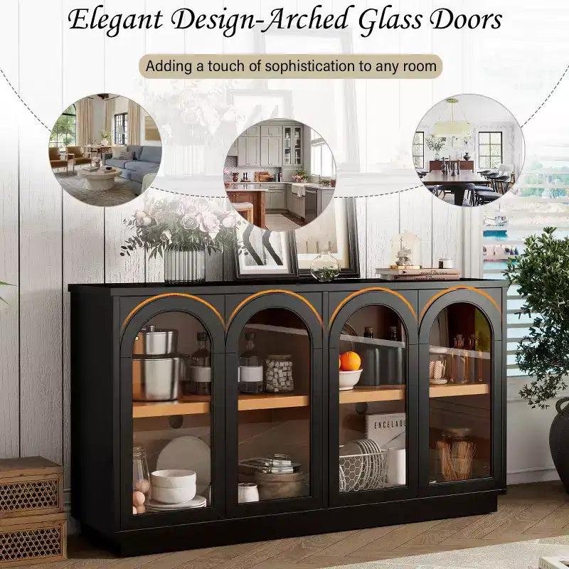Modern Arched Glass Door Sideboard Buffet Cabinet, Media Console with Adjustable Shelf, Push-to-Open System - Panipeachy