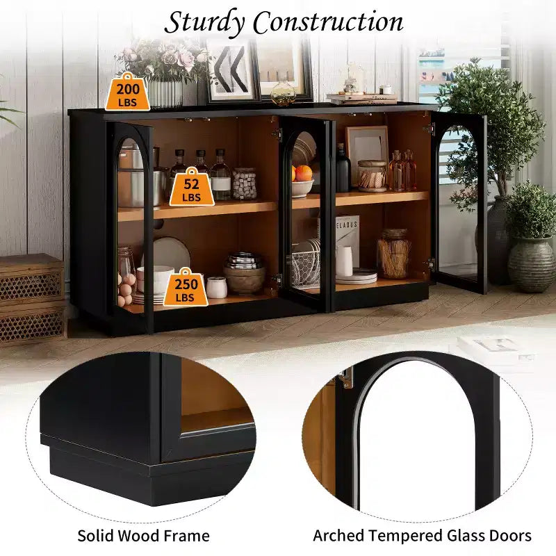 Modern Arched Glass Door Sideboard Buffet Cabinet, Media Console with Adjustable Shelf, Push-to-Open System - Panipeachy