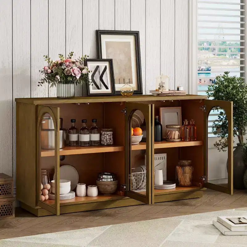 Modern Arched Glass Door Sideboard Buffet Cabinet, Media Console with Adjustable Shelf, Push-to-Open System - Panipeachy