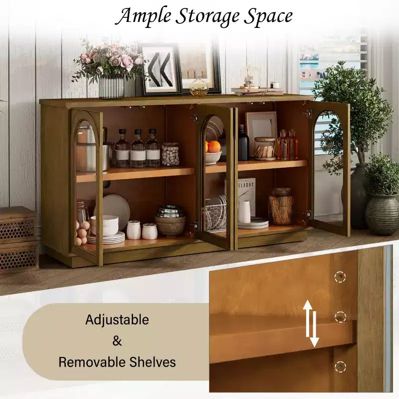 Modern Arched Glass Door Sideboard Buffet Cabinet, Media Console with Adjustable Shelf, Push-to-Open System - Panipeachy