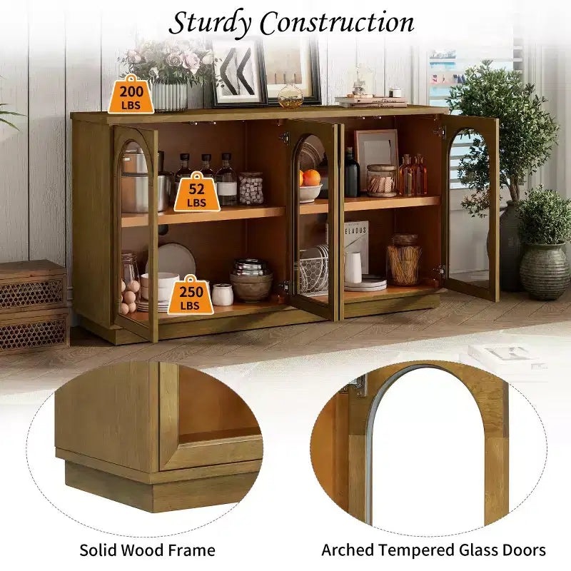 Modern Arched Glass Door Sideboard Buffet Cabinet, Media Console with Adjustable Shelf, Push-to-Open System - Panipeachy