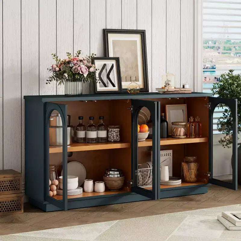 Modern Arched Glass Door Sideboard Buffet Cabinet, Media Console with Adjustable Shelf, Push-to-Open System - Panipeachy
