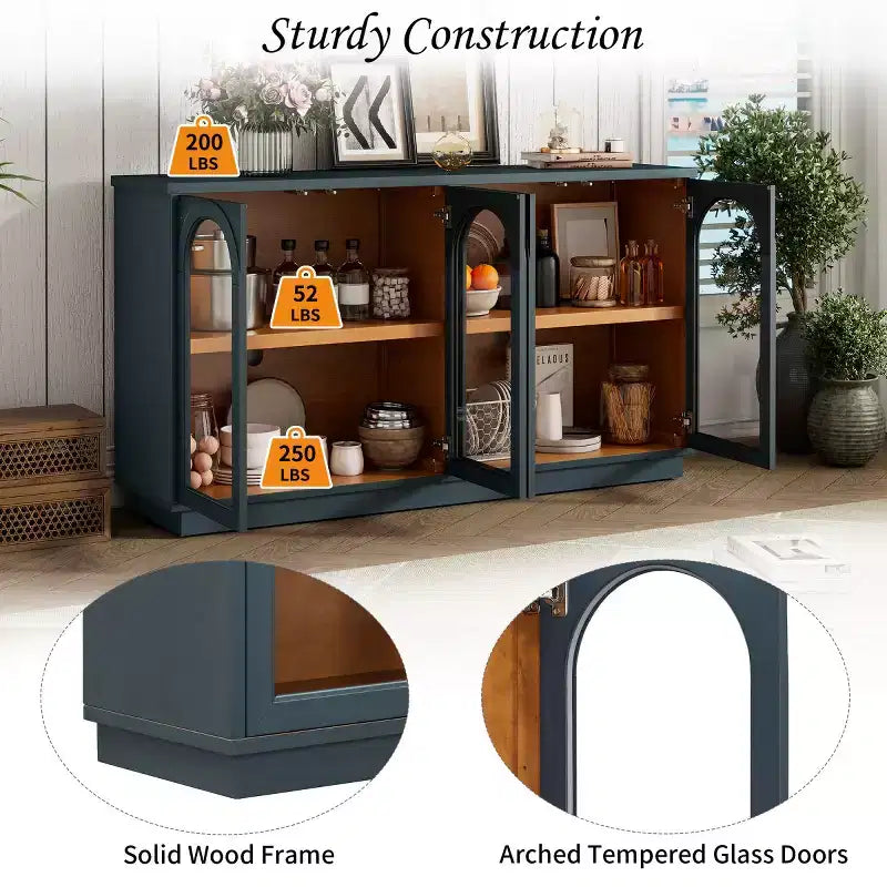 Modern Arched Glass Door Sideboard Buffet Cabinet, Media Console with Adjustable Shelf, Push-to-Open System - Panipeachy