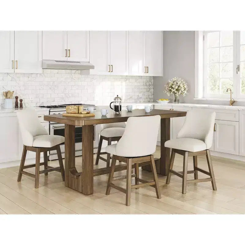 Signature Design by Ashley Cabalynn Counter Height Upholstered Swivel Barstools, Set of 2, Light Brown Frame with Cushioned Oatmeal Seat