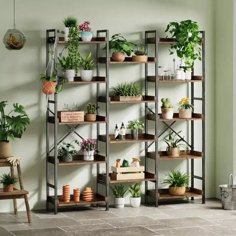 Bookshelf, Bookcase  Triple 5-Tier Industrial Bookcase with 14 Open Shelves Sturdy Metal Frame Rustic Brown Storage Rack