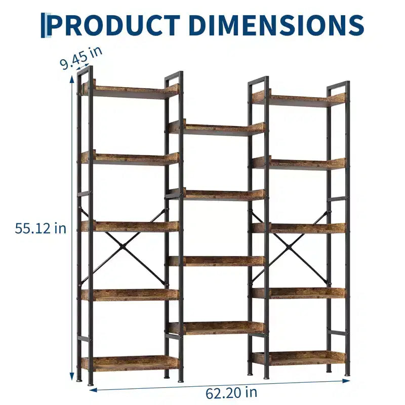 Bookshelf, Bookcase  Triple 5-Tier Industrial Bookcase with 14 Open Shelves Sturdy Metal Frame Rustic Brown Storage Rack