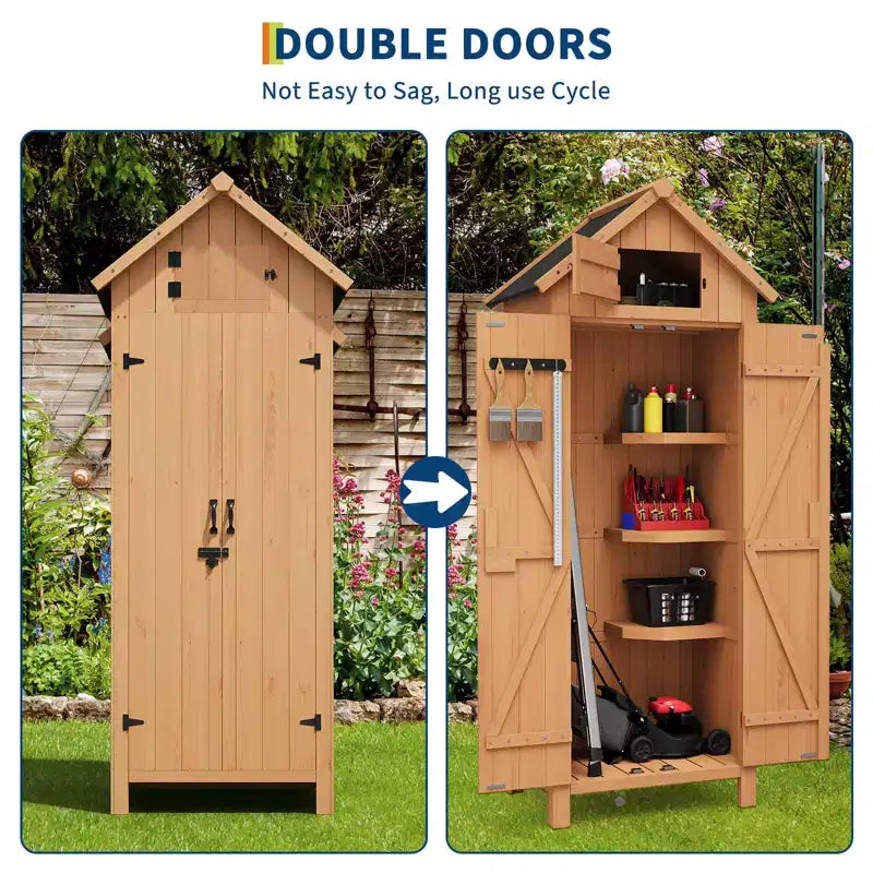 COZONY 70 Waterproof Wooden Storage Shed with 3 Shelves & Lockable Door, Vertical Garden Tool Cabinet for Patio & Yard