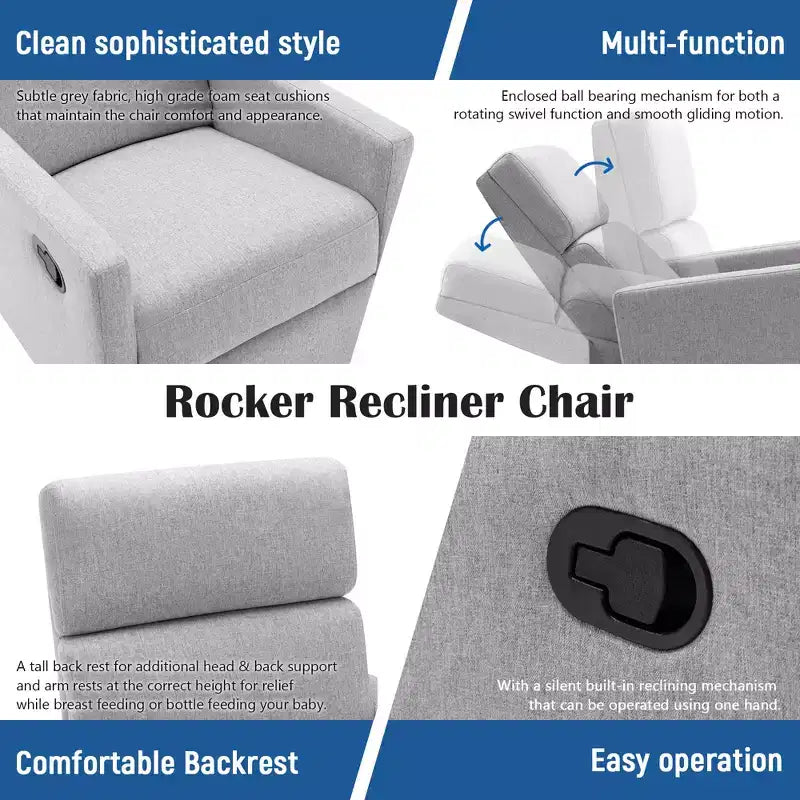 GDFStudio Peggy Modern Upholstered Rocker Nursery Chair with Plush Glider Swivel and Adjustable Recline