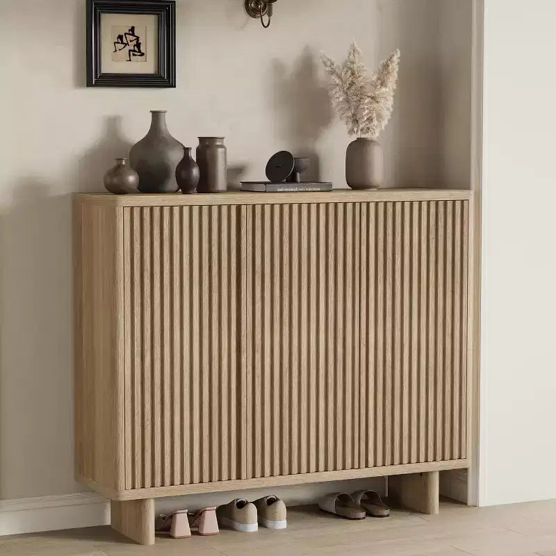 Shoe Cabinet with Fluted Door, 5-Tier Storage with 4 Adjustable Shelves, Rustic Entryway Shoe Bench for Hallway