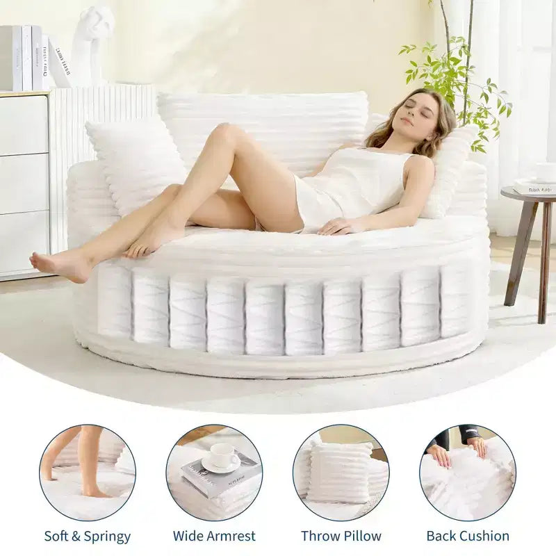 Round Chaise Lounge Chair Indoor Oversized 55  55 Inch Modern No Assembly Corduroy Boneless Cloud Couch Single Sofa with 4 Pillows Deep Seat