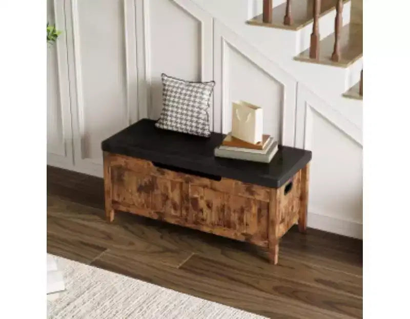 Solid Wood+Wood Panel Storage Ottoman with Solid Wood Legs,