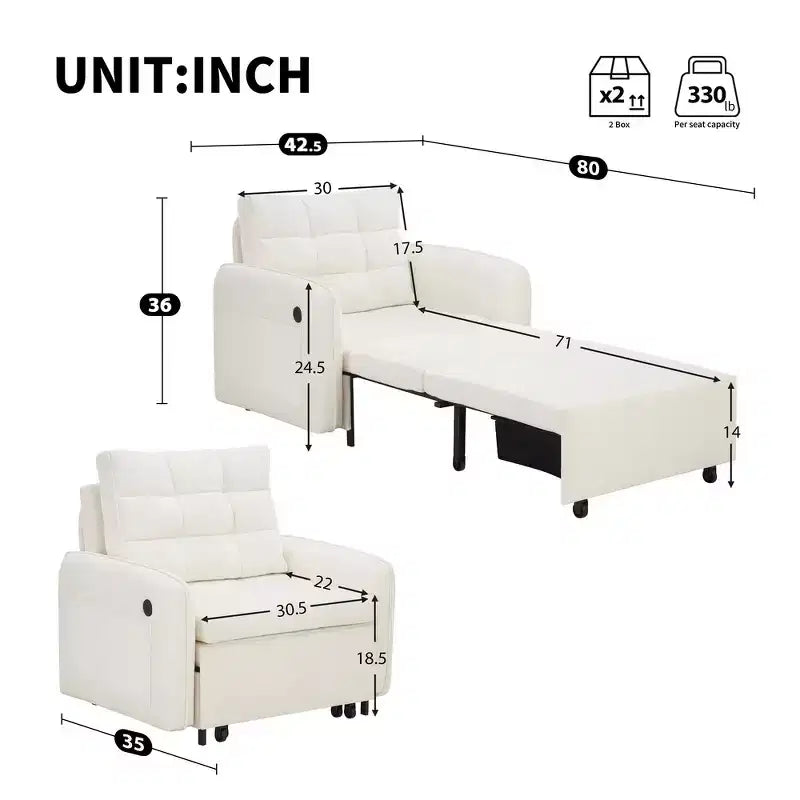 Whisen 3-in-1 Sleeper Chair Bed, 80 Extra Long Pull Out Sleeping Lounge, Chenille Single Sofa Bed with Storage Pockets