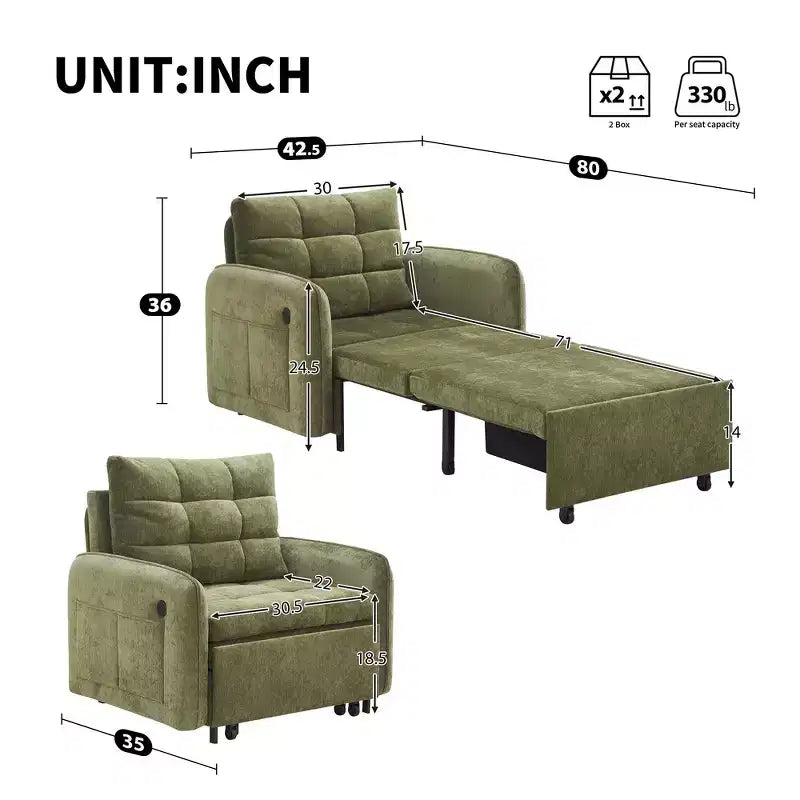 Whisen 3-in-1 Sleeper Chair Bed, 80 Extra Long Pull Out Sleeping Lounge, Chenille Single Sofa Bed with Storage Pockets