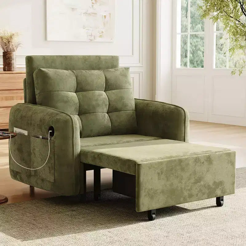 Whisen 3-in-1 Sleeper Chair Bed, 80 Extra Long Pull Out Sleeping Lounge, Chenille Single Sofa Bed with Storage Pockets