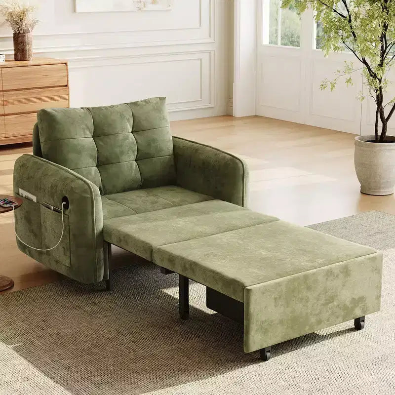 Whisen 3-in-1 Sleeper Chair Bed, 80 Extra Long Pull Out Sleeping Lounge, Chenille Single Sofa Bed with Storage Pockets