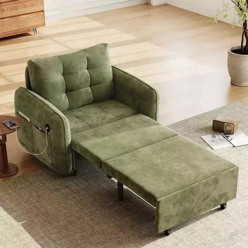 Whisen 3-in-1 Sleeper Chair Bed, 80 Extra Long Pull Out Sleeping Lounge, Chenille Single Sofa Bed with Storage Pockets