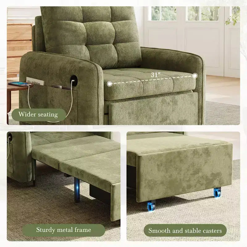 Whisen 3-in-1 Sleeper Chair Bed, 80 Extra Long Pull Out Sleeping Lounge, Chenille Single Sofa Bed with Storage Pockets