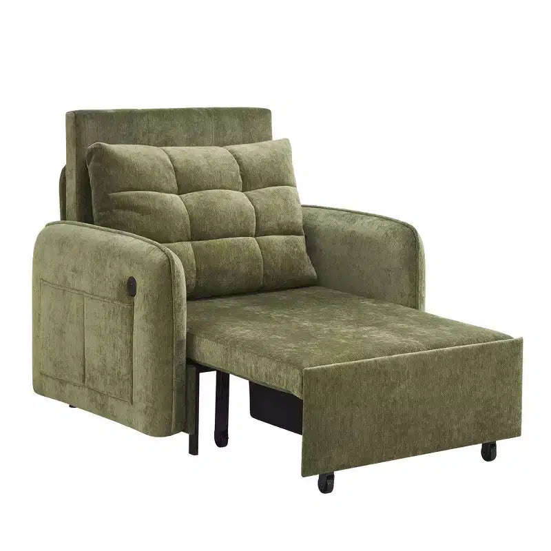 Whisen 3-in-1 Sleeper Chair Bed, 80 Extra Long Pull Out Sleeping Lounge, Chenille Single Sofa Bed with Storage Pockets