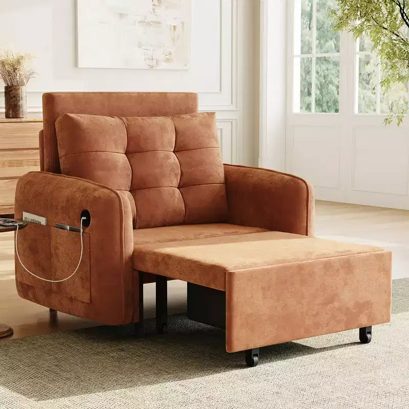 Whisen 3-in-1 Sleeper Chair Bed, 80 Extra Long Pull Out Sleeping Lounge, Chenille Single Sofa Bed with Storage Pockets
