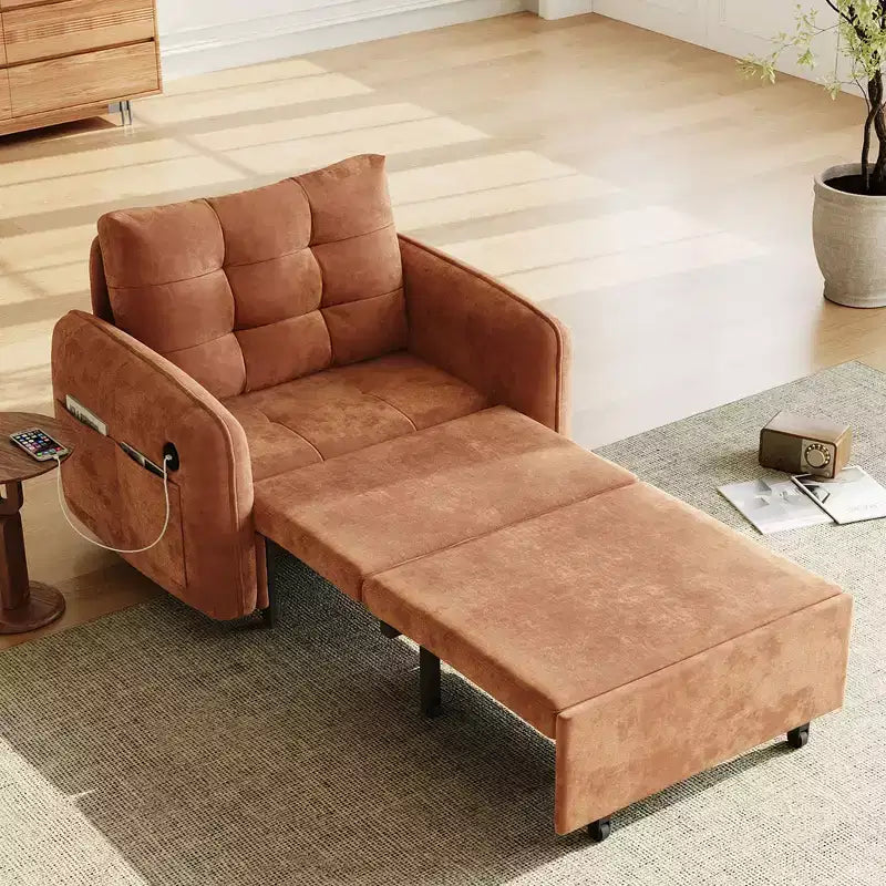 Whisen 3-in-1 Sleeper Chair Bed, 80 Extra Long Pull Out Sleeping Lounge, Chenille Single Sofa Bed with Storage Pockets
