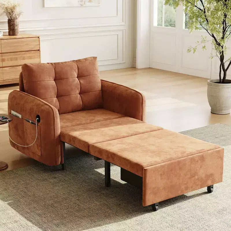 Whisen 3-in-1 Sleeper Chair Bed, 80 Extra Long Pull Out Sleeping Lounge, Chenille Single Sofa Bed with Storage Pockets