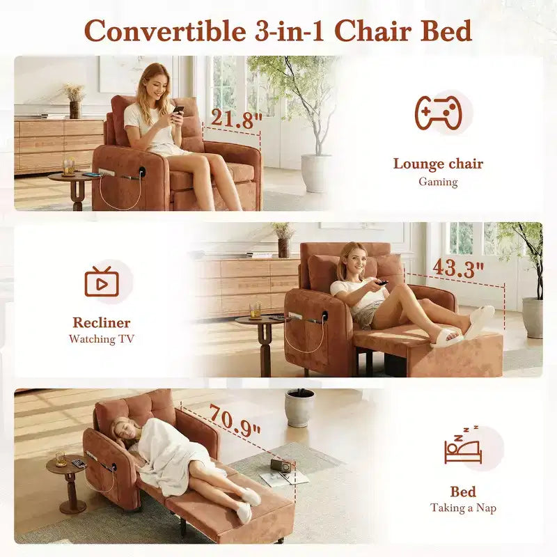 Whisen 3-in-1 Sleeper Chair Bed, 80 Extra Long Pull Out Sleeping Lounge, Chenille Single Sofa Bed with Storage Pockets