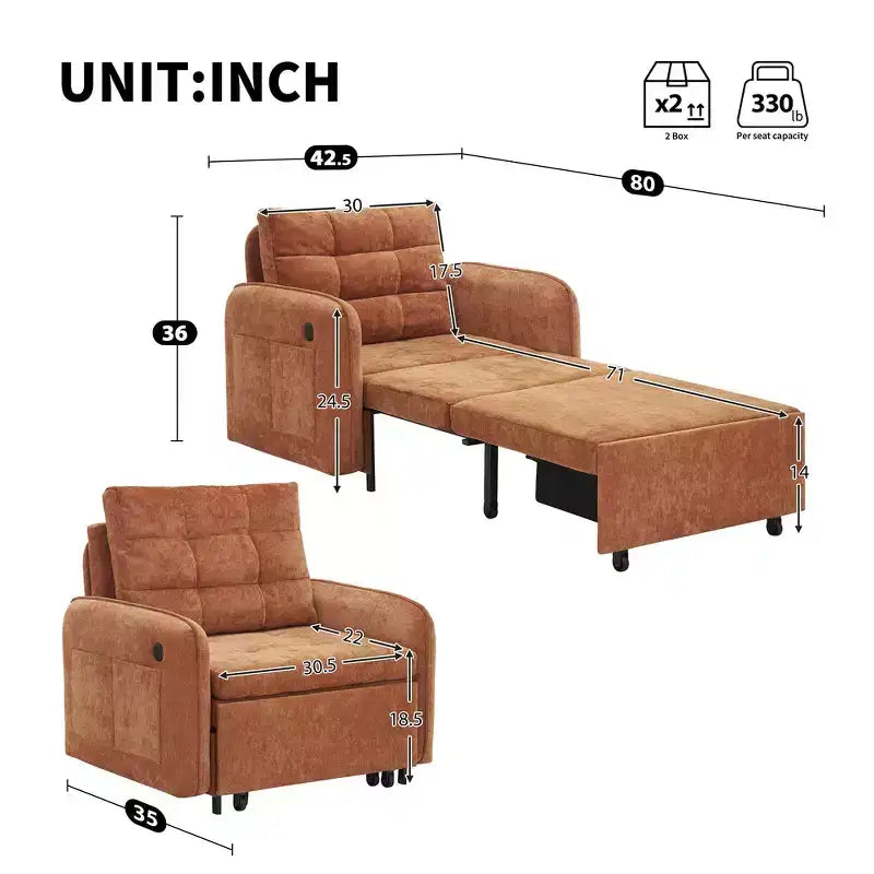Whisen 3-in-1 Sleeper Chair Bed, 80 Extra Long Pull Out Sleeping Lounge, Chenille Single Sofa Bed with Storage Pockets