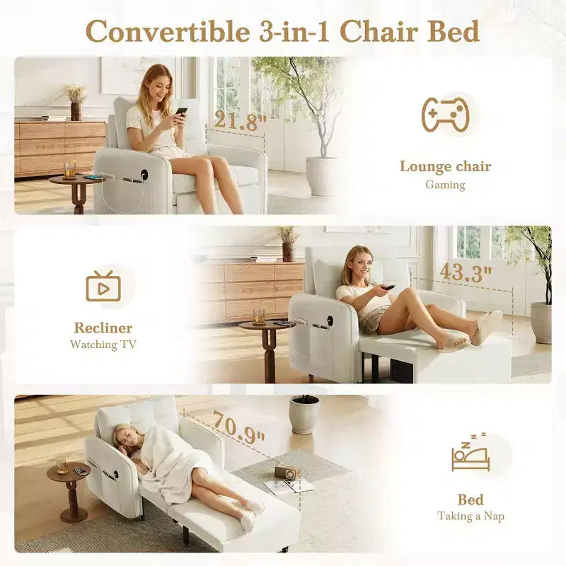Whisen 3-in-1 Sleeper Chair Bed, 80 Extra Long Pull Out Sleeping Lounge, Chenille Single Sofa Bed with Storage Pockets