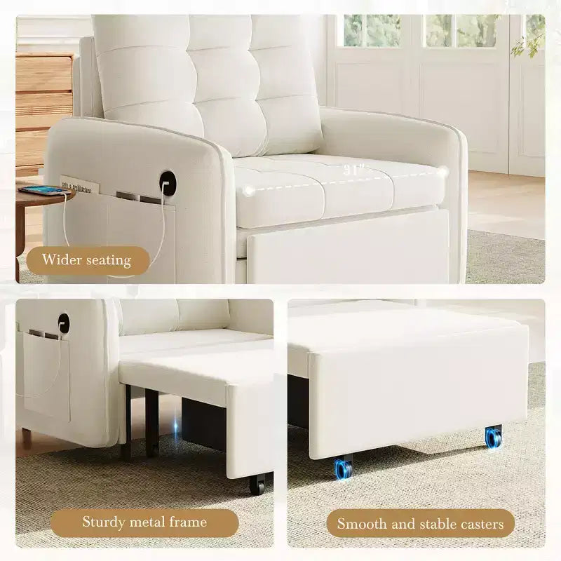 Whisen 3-in-1 Sleeper Chair Bed, 80 Extra Long Pull Out Sleeping Lounge, Chenille Single Sofa Bed with Storage Pockets