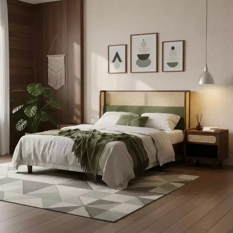 Christopher Knight Home Megan Contemporary Wooden Bed Frame with Rattan Upholstered Headboard