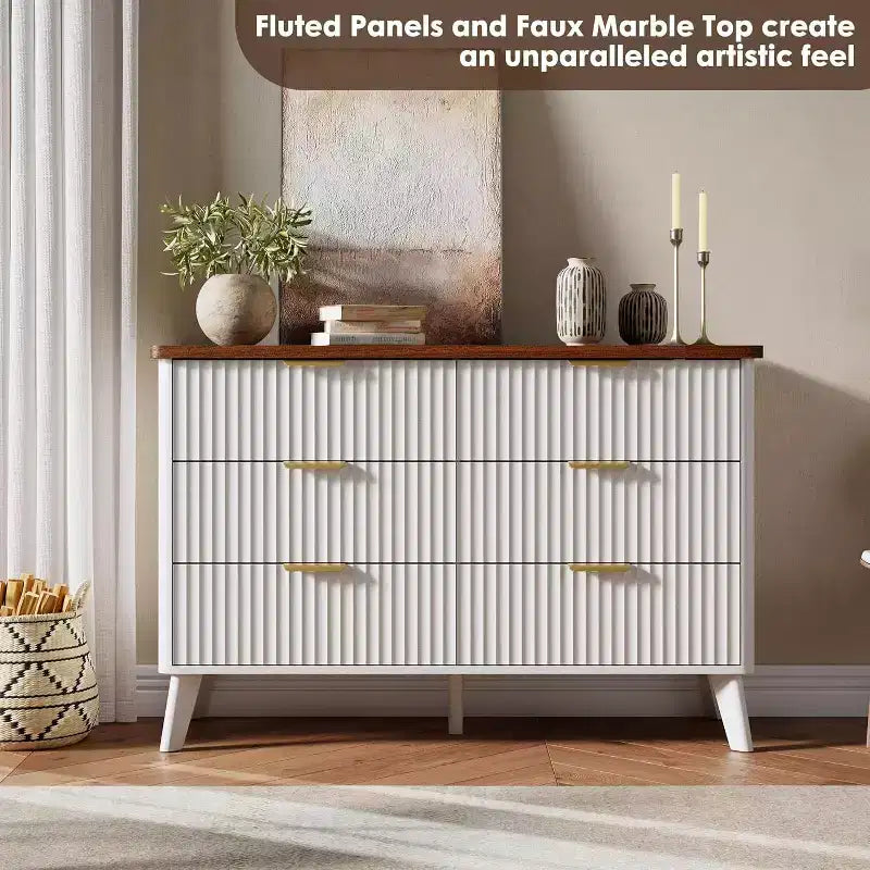 White 6-Drawer Dresser, 47.2 Wide Curved Fluted Design with Gold Handles, Thickened Modern Chest for Bedroom & Living Room.