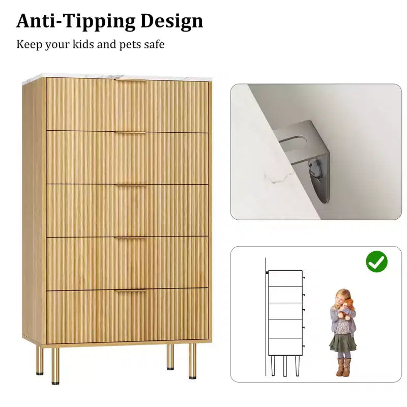 5-Drawer Dresser with Wide Drawers - Modern Wooden Chest for Bedroom, Living Room, Closet & Hallway Storage