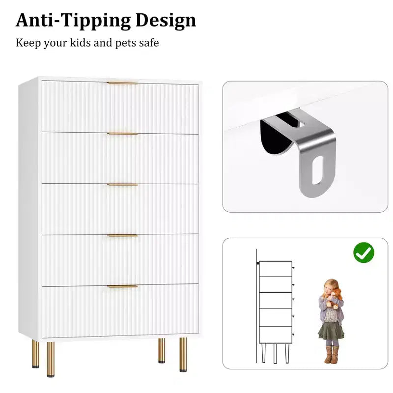 5-Drawer Dresser with Wide Drawers - Modern Wooden Chest for Bedroom, Living Room, Closet & Hallway Storage
