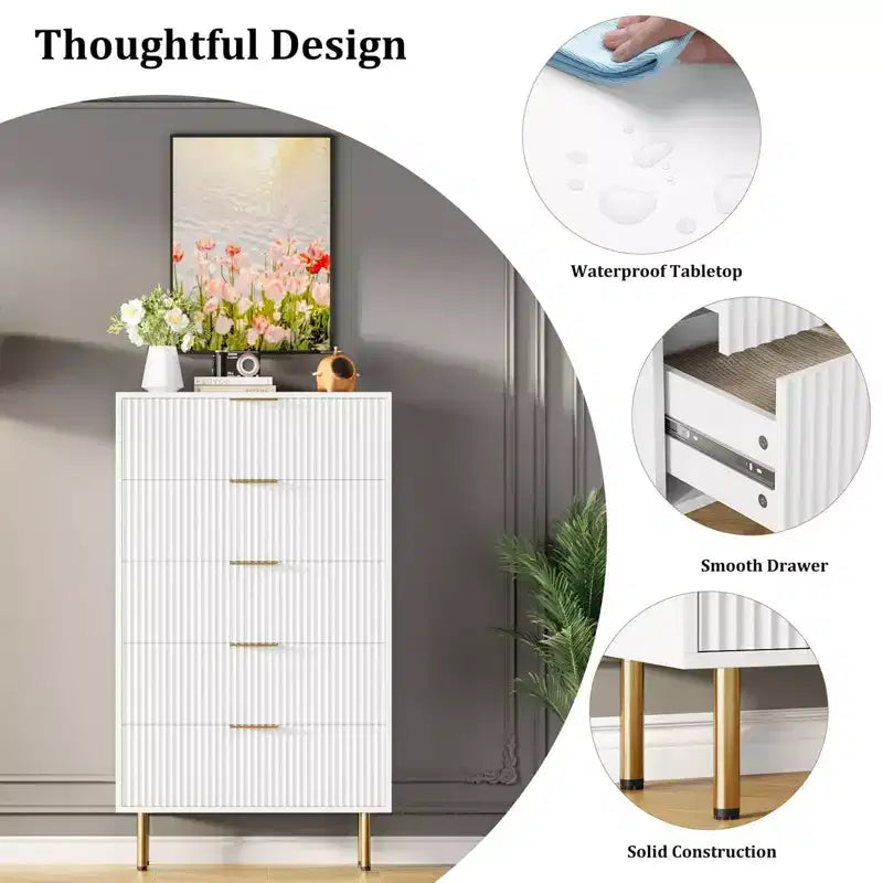 5-Drawer Dresser with Wide Drawers - Modern Wooden Chest for Bedroom, Living Room, Closet & Hallway Storage