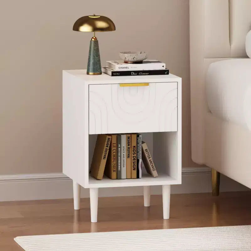 22.83'' H Modern White Nightstand with One Drawer and Open Shelf, Gold - Accented Handle, Ideal for Bedroom Decor