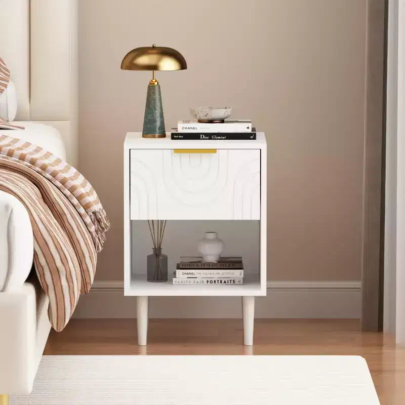 22.83'' H Modern White Nightstand with One Drawer and Open Shelf, Gold - Accented Handle, Ideal for Bedroom Decor