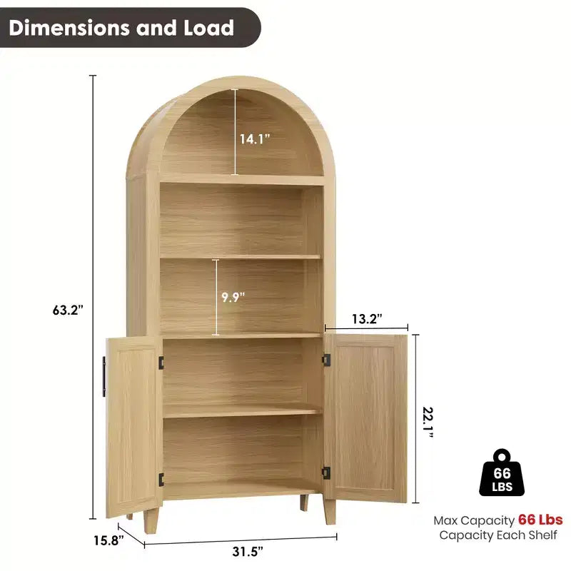 COZONY Arched Bookcase with Doors, 5-Tier Modern Bookshelf with Storage Cabinet, Open Display Shelf for Living Room Home Office