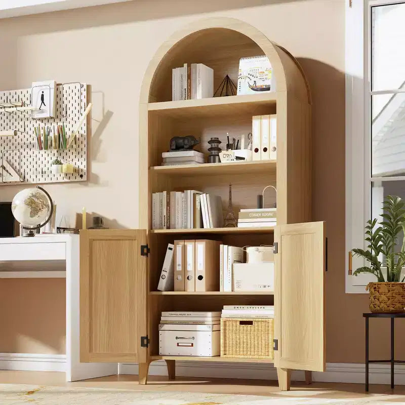 COZONY Arched Bookcase with Doors, 5-Tier Modern Bookshelf with Storage Cabinet, Open Display Shelf for Living Room Home Office