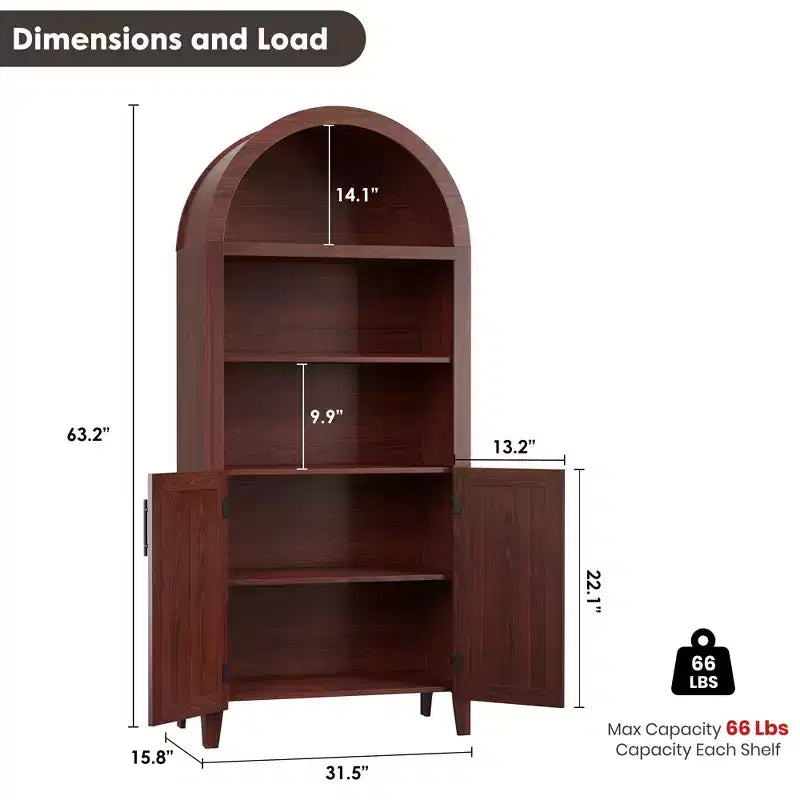 COZONY Arched Bookcase with Doors, 5-Tier Modern Bookshelf with Storage Cabinet, Open Display Shelf for Living Room Home Office