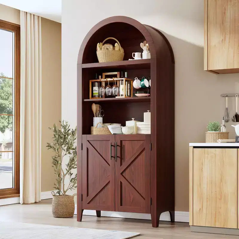 COZONY Arched Bookcase with Doors, 5-Tier Modern Bookshelf with Storage Cabinet, Open Display Shelf for Living Room Home Office