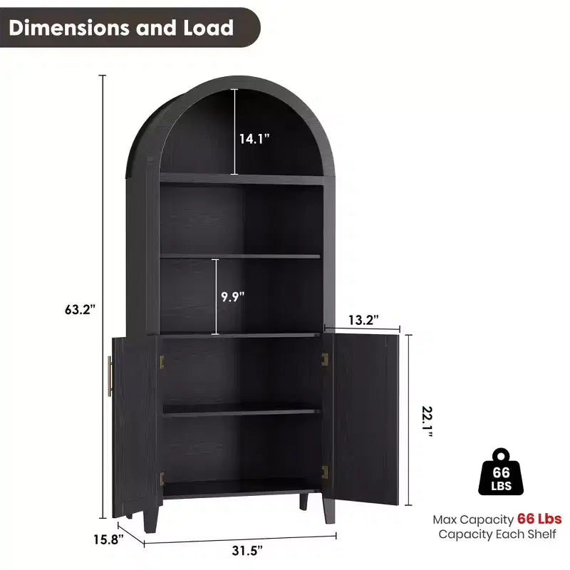 COZONY Arched Bookcase with Doors, 5-Tier Modern Bookshelf with Storage Cabinet, Open Display Shelf for Living Room Home Office