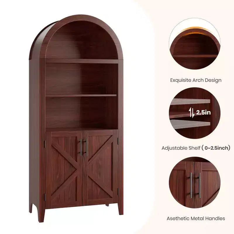 COZONY Arched Bookcase with Doors, 5-Tier Modern Bookshelf with Storage Cabinet, Open Display Shelf for Living Room Home Office